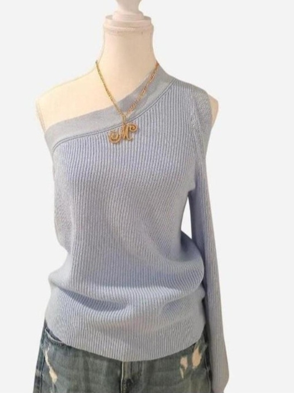 Nine West Light Blue Off The Shoulder One Shoulder Cutout Sweater Spring Fashion